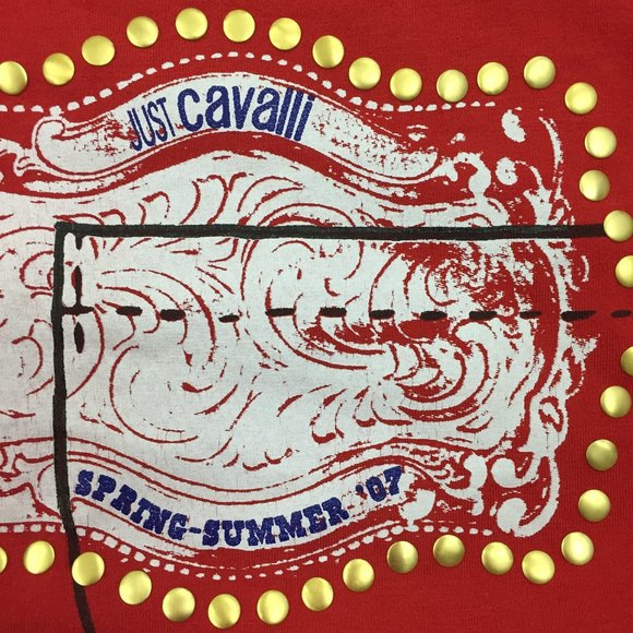 JUST ROBERTO CAVALLI Short Sleeve Red Gold Studded Multi Color Print Tee Shirt - Picture 6 of 9